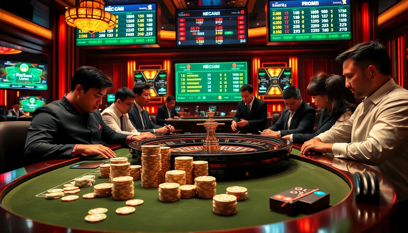 Stunning scene of professional players at a casino table analyzing kèo nhà cái with excitement and intensity.