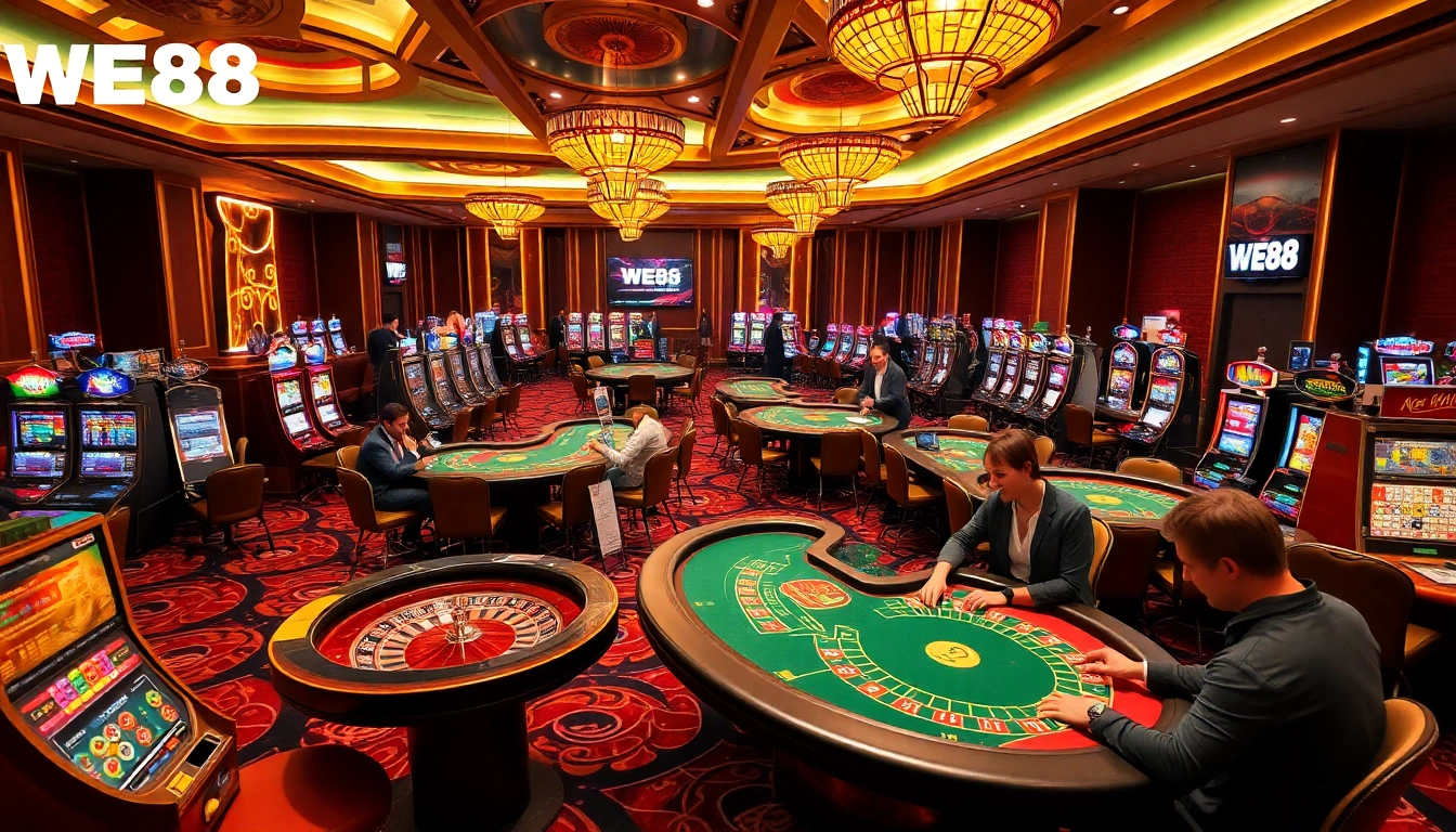 WE88 gamblers enjoying vibrant casino atmosphere with thrilling games and lively interaction.