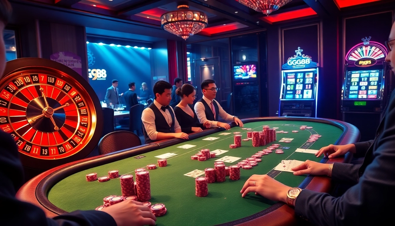 Players enjoying a high-stakes poker game at the gg88 casino, surrounded by chips and cards.
