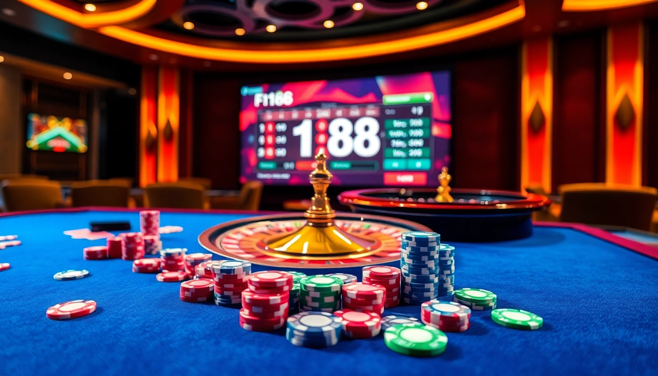 F168 offers an exciting casino experience with vibrant poker tables and a spinning roulette wheel.