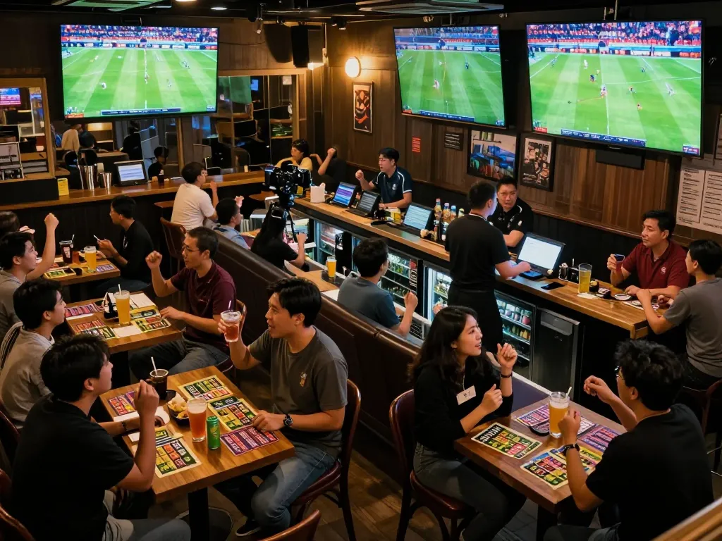 Fans cheering at a sports bar while placing bets on บอล ออนไลน์ during a live match