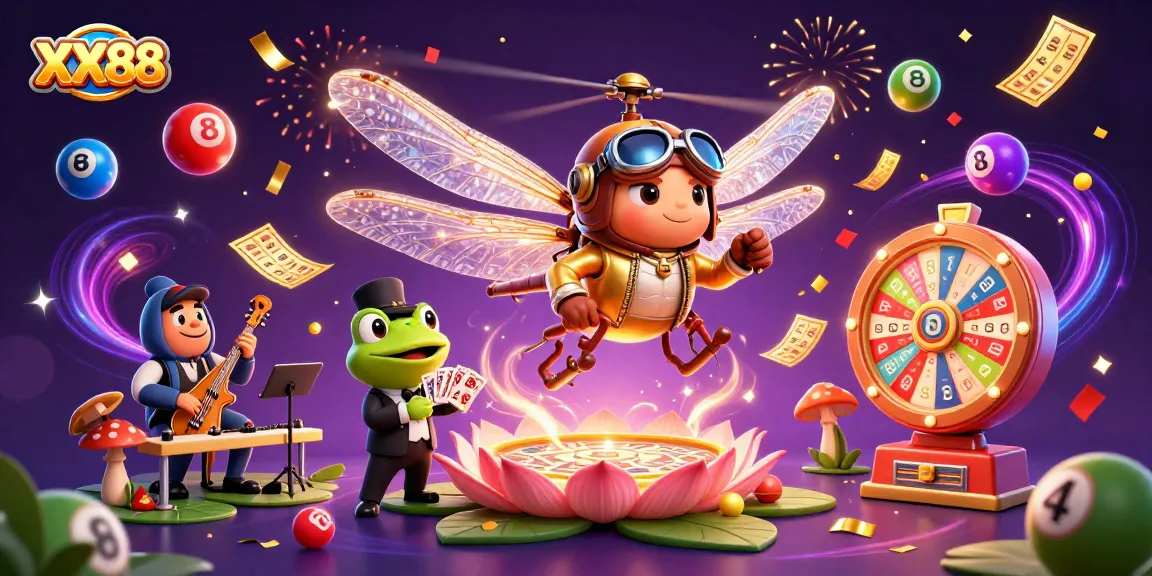 Join the fun at XX88 as the dragonfly pilot and frog dealer create a vibrant casino experience.