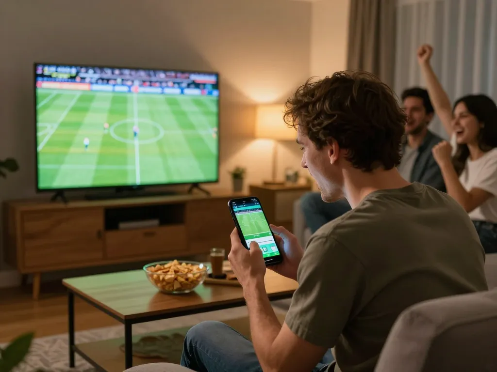Socolive user actively placing football bets on smartphone during a match in a welcoming home setting