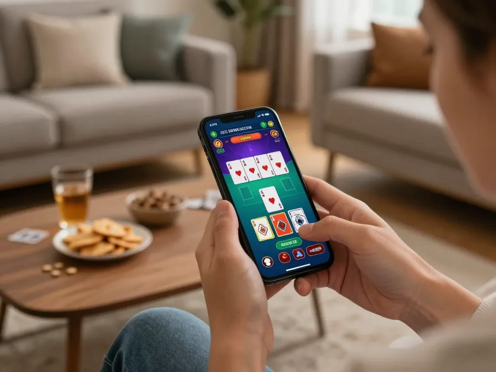 B52CLUB players enjoying live dealer baccarat on a smartphone in a cozy home setting.