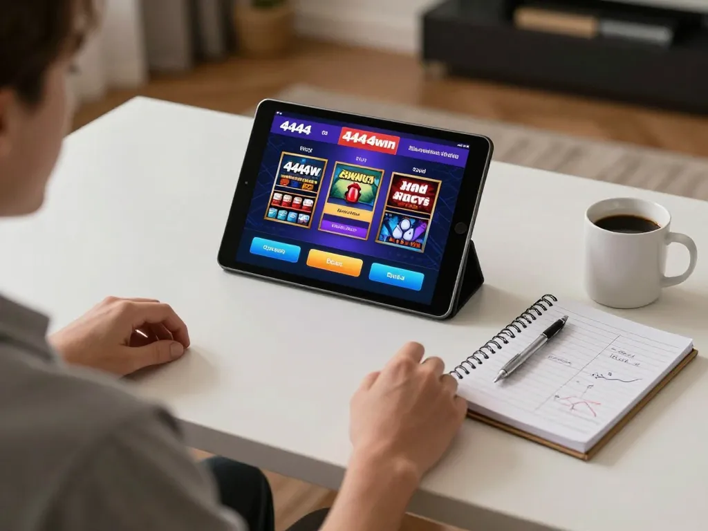 Engaging gameplay on the 4444win casino app in a cozy home setting, showcasing strategic betting