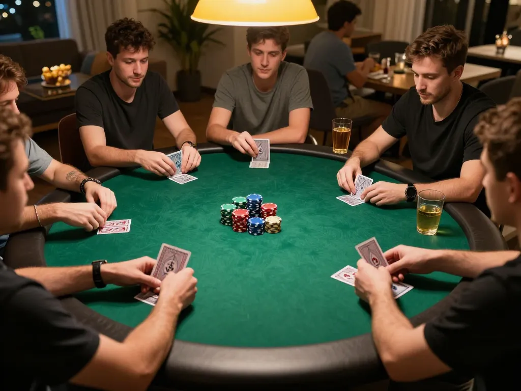 Players engaging in a thrilling home poker game, showcasing 78winbs strategy and excitement with colorful chips and cards