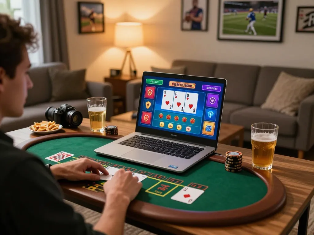 Tg88 player engaging in live blackjack from home laptop against a cozy background