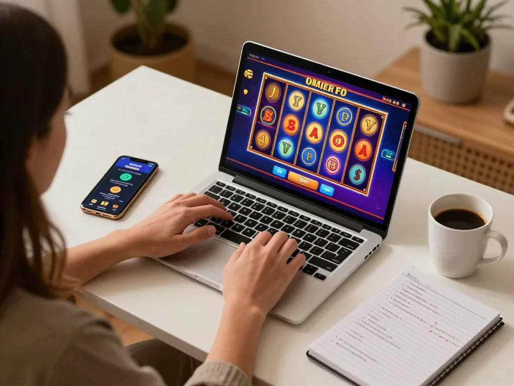 Player strategizing slots on 79kingt1 at a modern desktop with warm ambiance