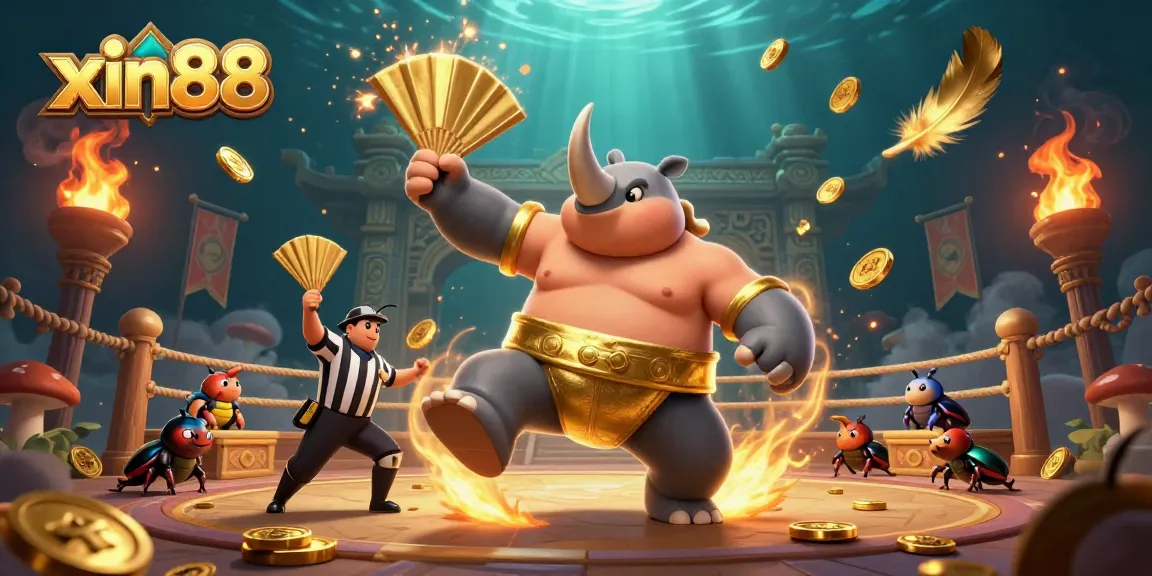 Experience high stakes with xin88 as a 3D cartoon rhinoceros beetle sumo champion stomps gold coins in a vibrant casino.