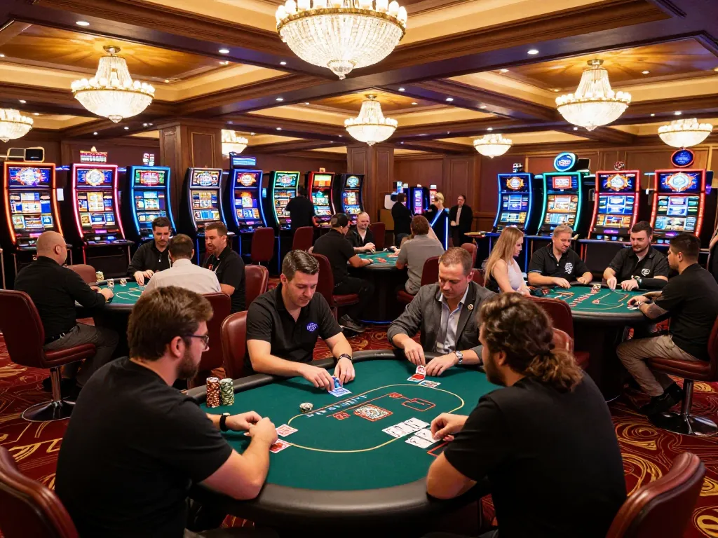 Players enjoying high-stakes poker games at qq88 casino, vibrant atmosphere, strategic gameplay unfolds.