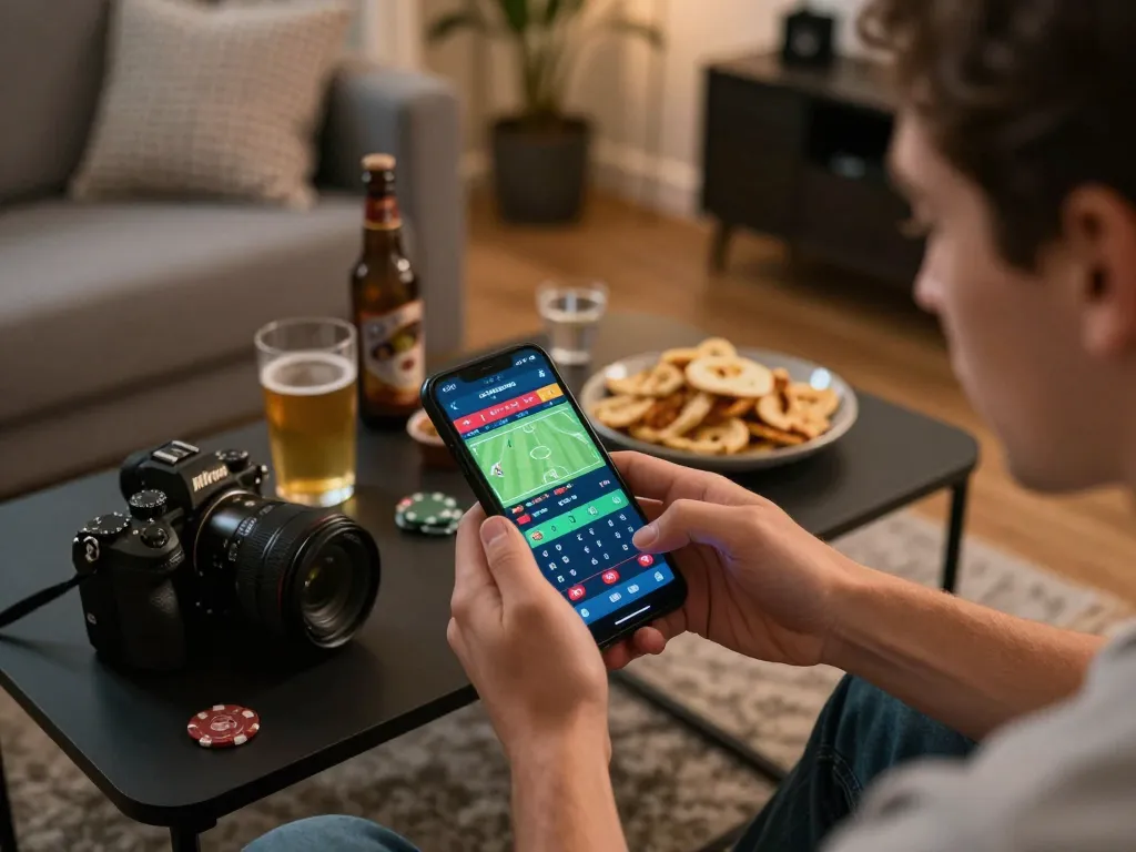 Bong88 user strategically placing sports bets on mobile app during a cozy game night