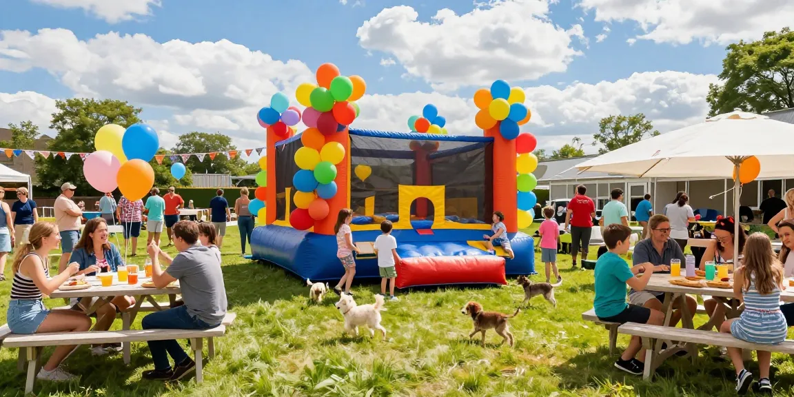 Exciting outdoor party at https://123b.party/ with children enjoying bounce houses, vibrant decorations, and joyful atmosphere.
