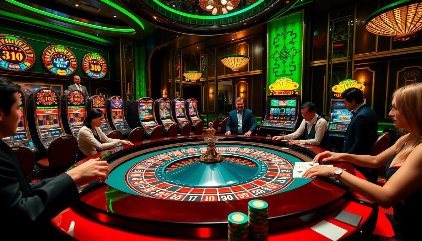 Kèo nhà cái 5 showcases an intense casino scene with roulette and poker action.