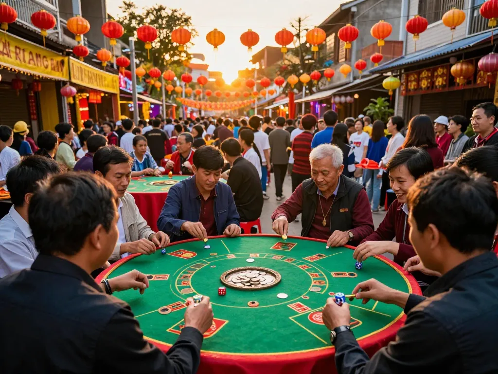 Xóc đĩa game in action with players engaging in traditional Vietnamese gambling at a lively festival.
