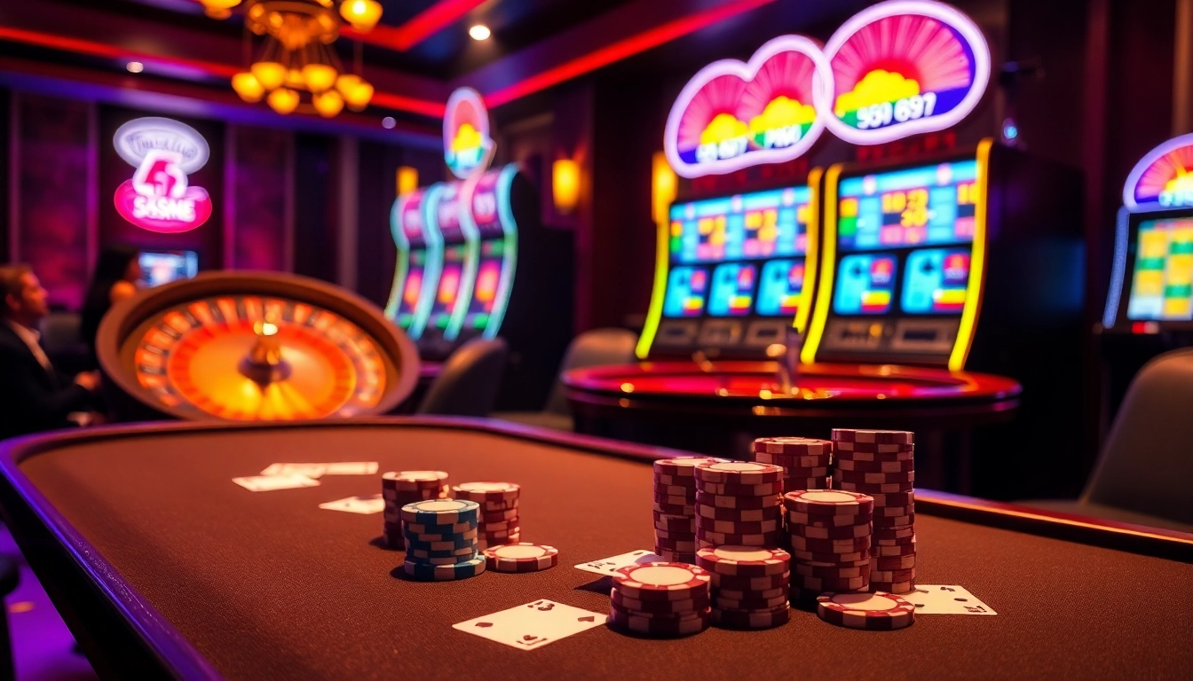 Players enjoying casino games at PS99COM with vibrant slot machines and poker tables.