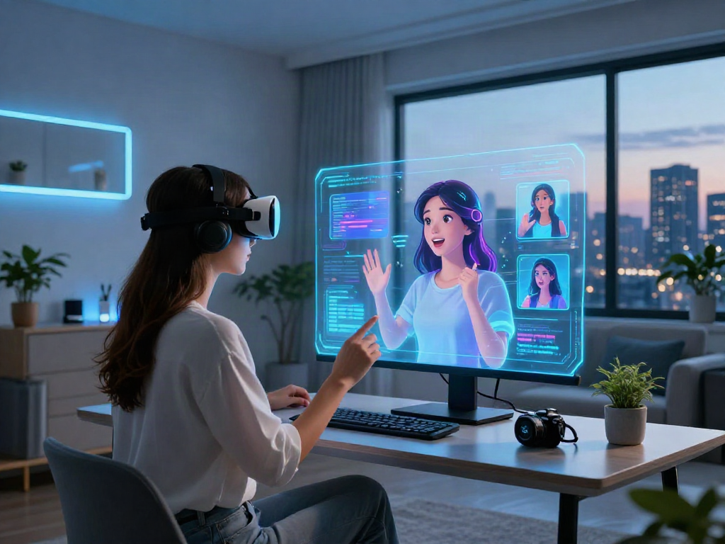 AI girlfriend conversation in a futuristic living room with digital avatars, showcasing technology and companionship.