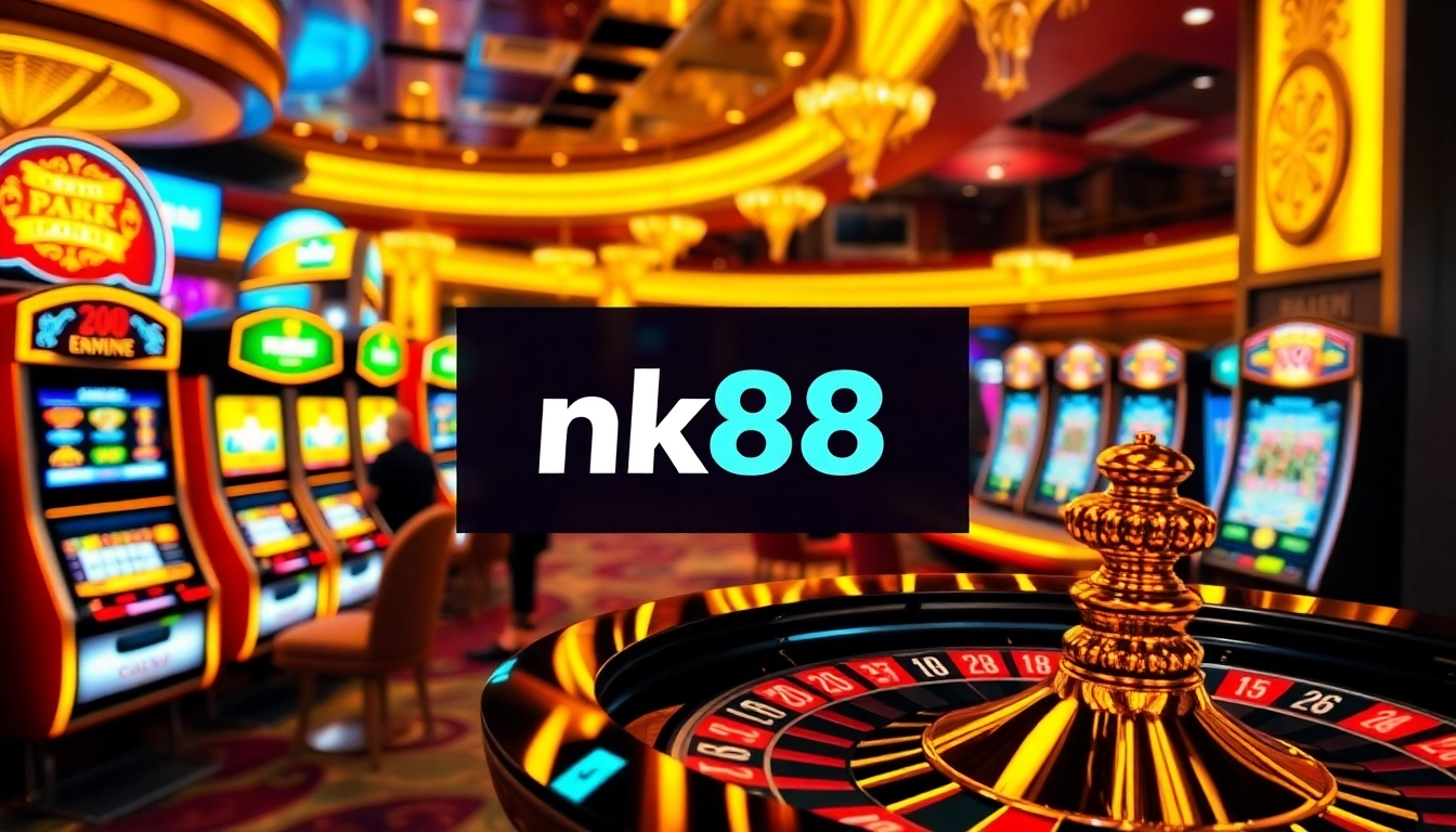 Exciting casino atmosphere at nk88 with vibrant slot machines and a spinning roulette wheel.
