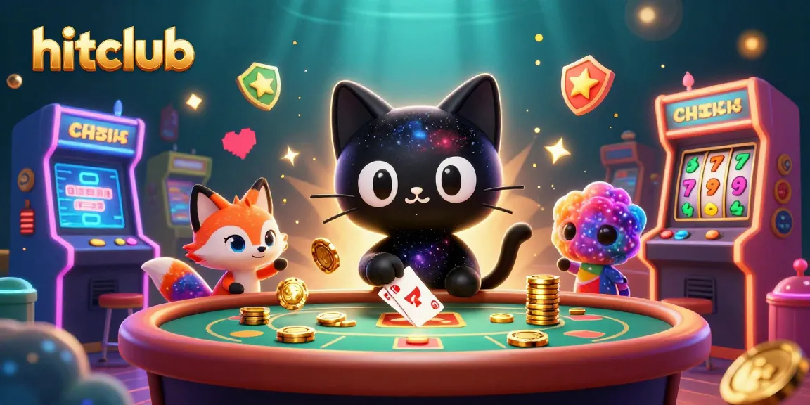 Immerse in hitclub's vibrant casino world with a black hole cat and nebula fox amidst gaming excitement.