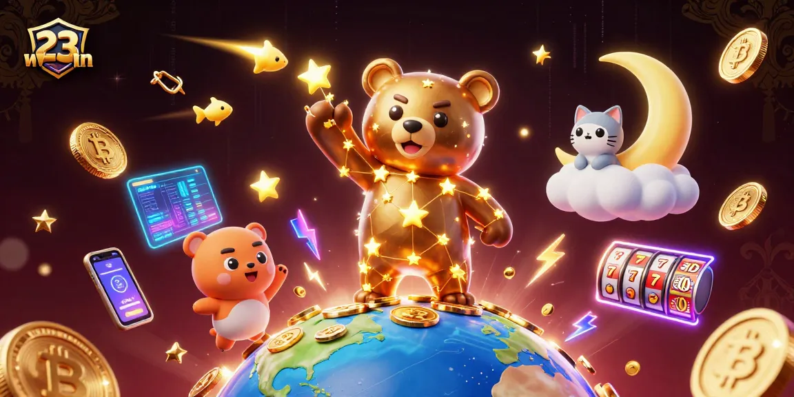 Engage in thrilling slots action with 23win featuring dazzling golden characters and neon elements.