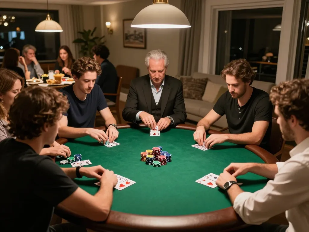 Players engaged in vibrant home poker game, showing excitement at sumclub.