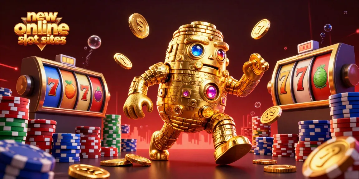 Engage with new online slot sites featuring a golden golem and vibrant slot reels in a packed casino scene.