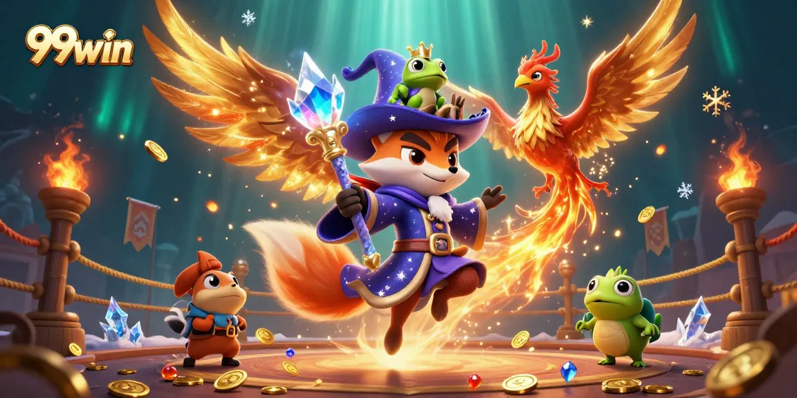 Engage with the excitement of 99win casino featuring a mystical fox wizard, phoenix, and vibrant gaming elements.