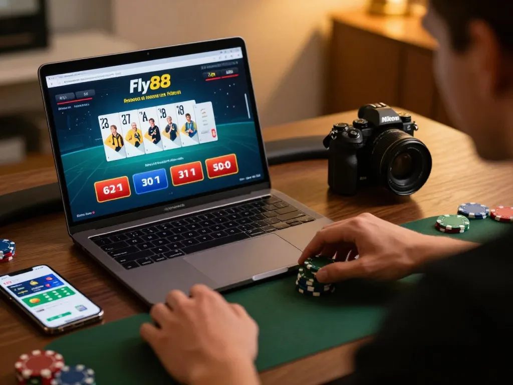 Engaging poker strategy session on Fly88's app with chips placed, emphasizing responsible gambling.