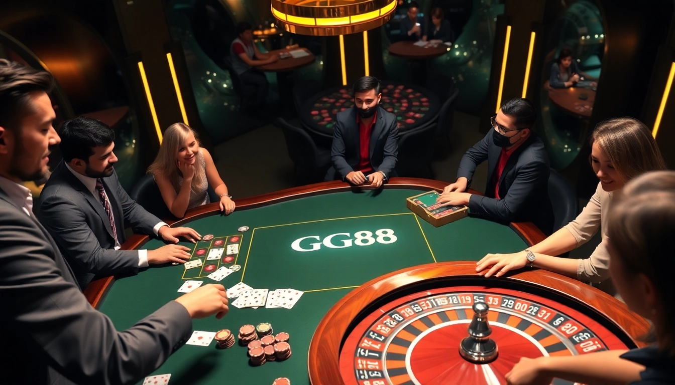 Players excitedly gamble at a GG88 branded table in a luxurious casino setting with poker chips and cards.