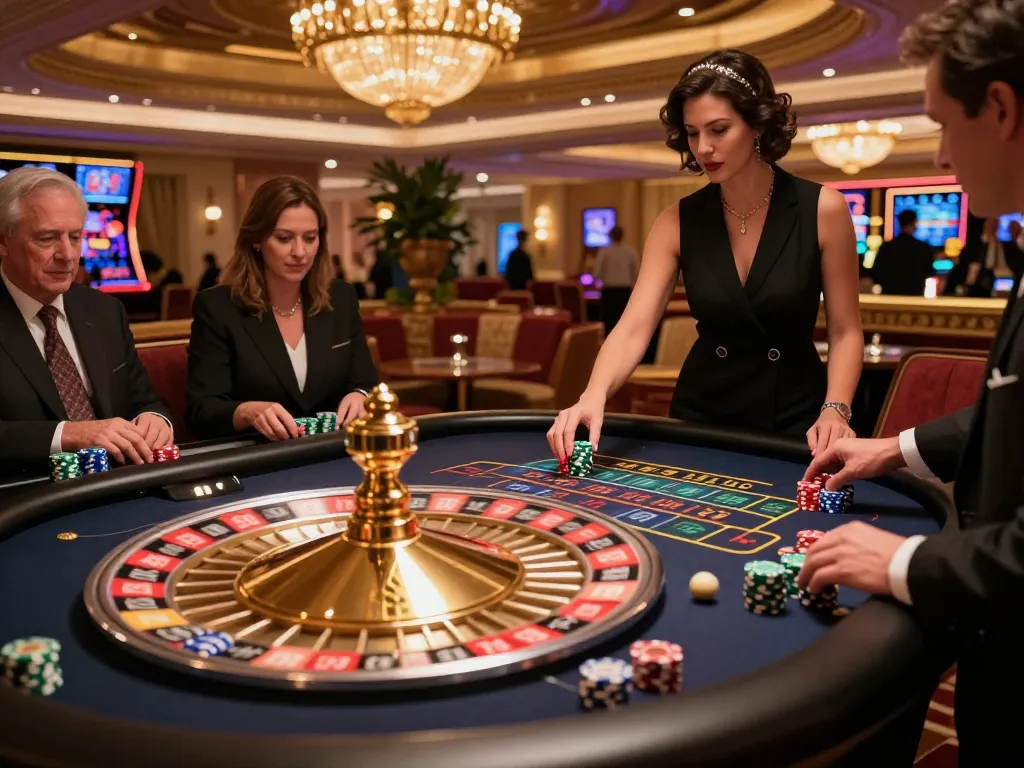 Players experiencing the excitement of roulette at 23WIN casino with vibrant chips and elegant decor.