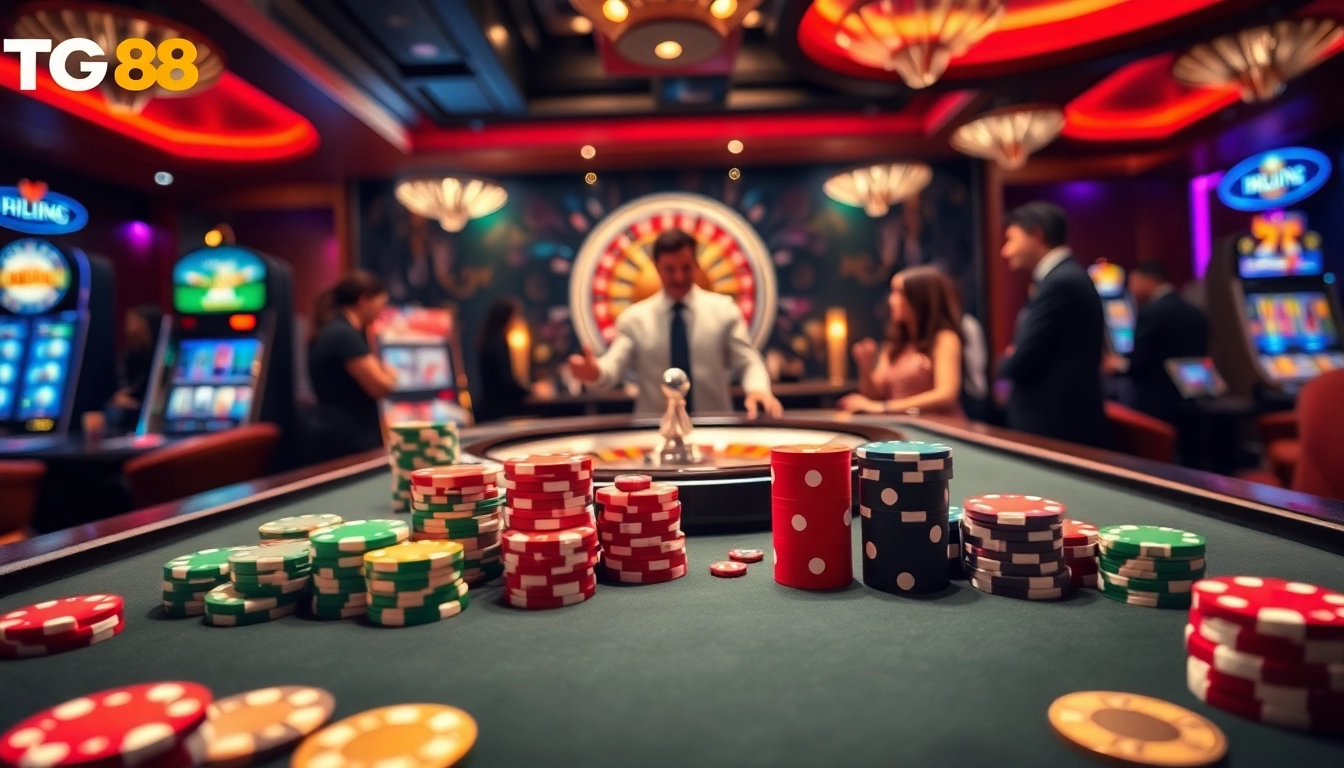 Experience high-stakes excitement at tg88 with a vibrant casino scene showcasing gaming tables and slot machines.