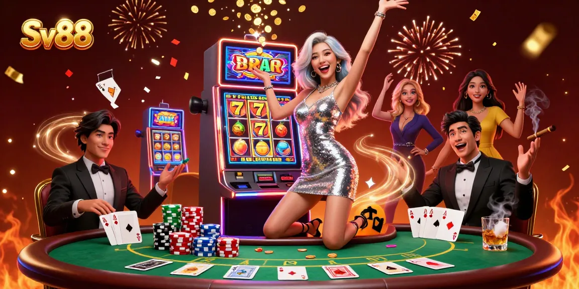 Celebrate wins at Sv88 with a vibrant casino scene featuring a stunning woman at a jackpot slot machine.