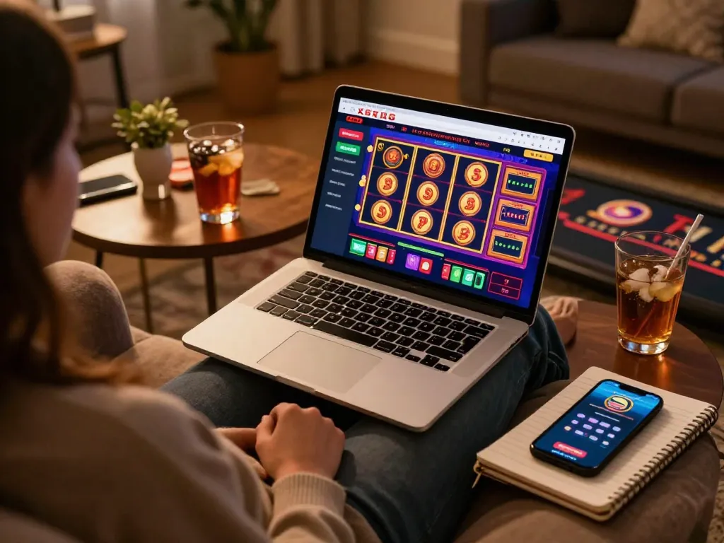 Player engaging with XXGG online casino on a laptop at home, showcasing vibrant gaming interface.