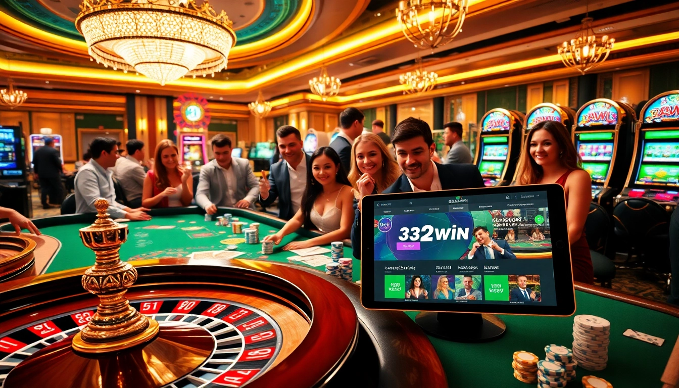 Excited gamblers enjoying a luxurious casino experience at https://32wingroup.com/ with vibrant slot machines and poker tables.