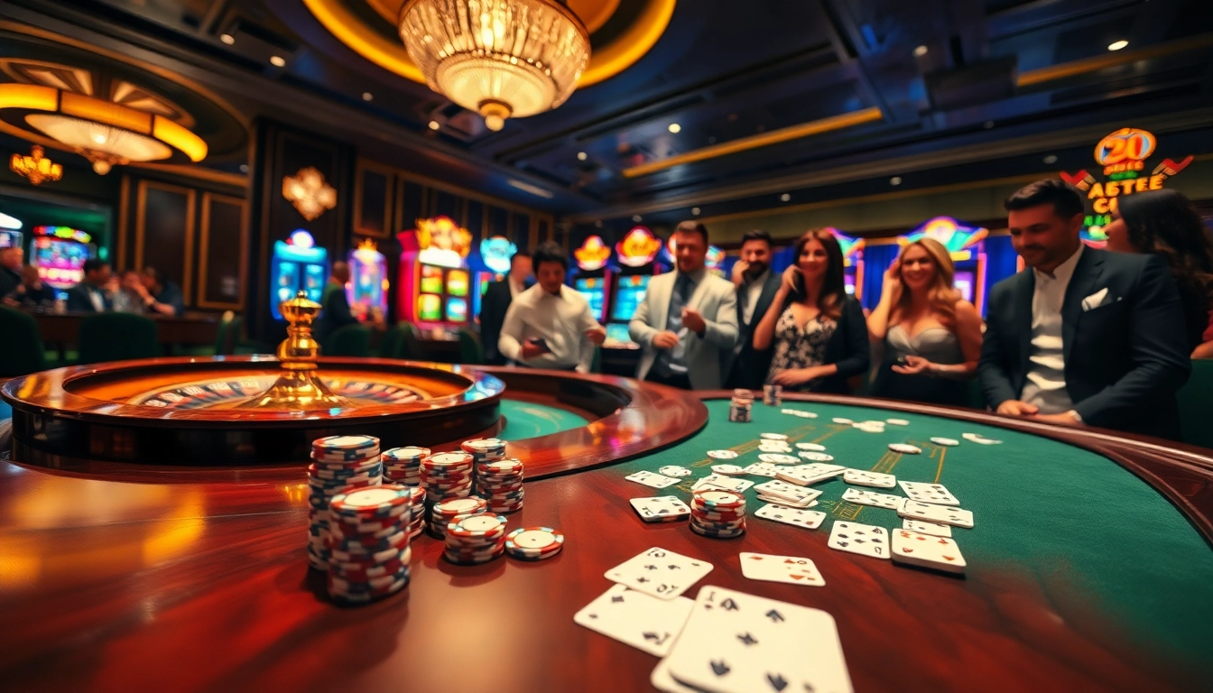Exciting casino atmosphere showcasing LC88 poker players at a luxury table with chips and roulette.