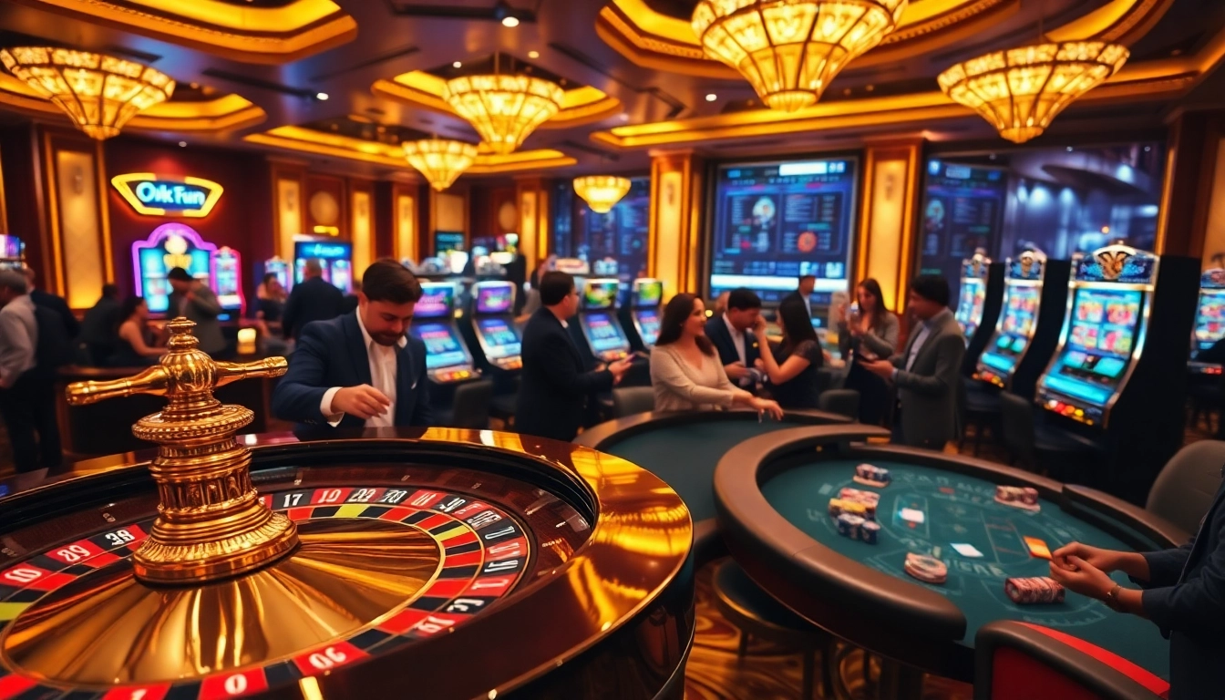 Gamblers engaging with casino games at okfun.cn.com, featuring vibrant slot machines and roulette tables.