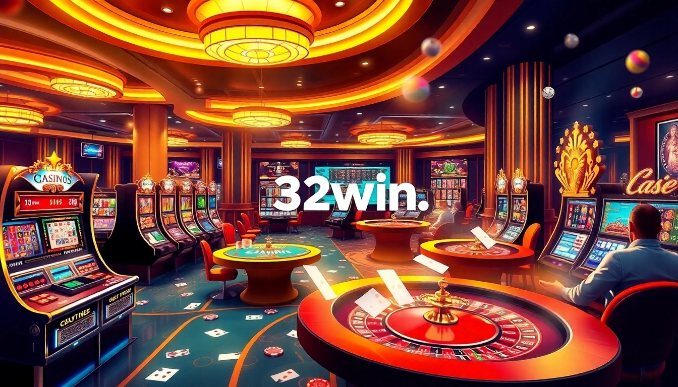 Experience the thrill of online gambling with vibrant visuals from 32win.reviews depicting casino excitement.