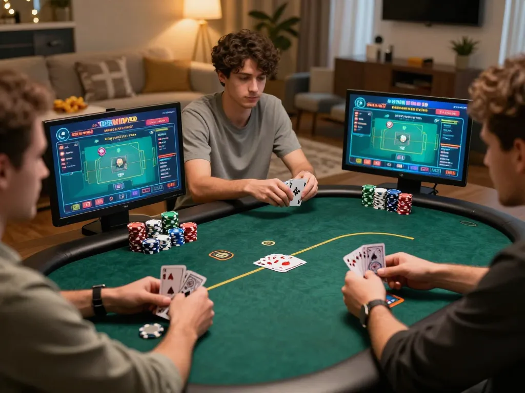 Players enjoying poker on the RIKVIP app in a cozy home setting, showcasing strategic gameplay.