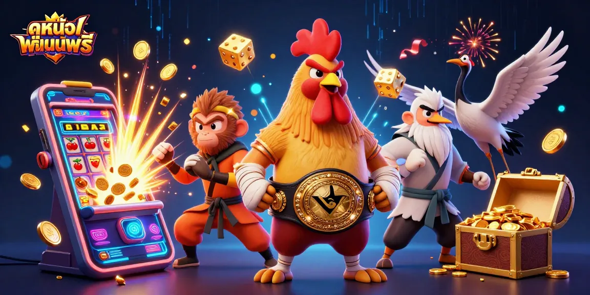 Experience ดูหนังออนไลน์ฟรี with energetic Muay Thai rooster and Shaolin monkey amidst vibrant casino elements.