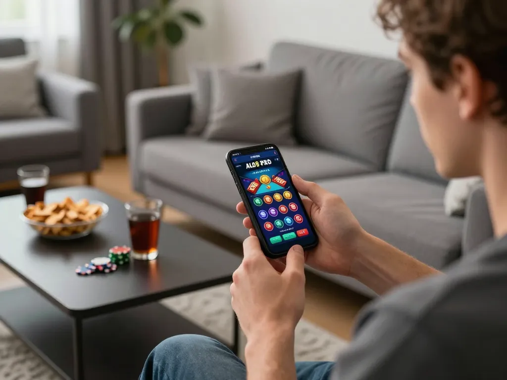Player engaging with the ALO8 PRO mobile app for online betting on a cozy sofa.