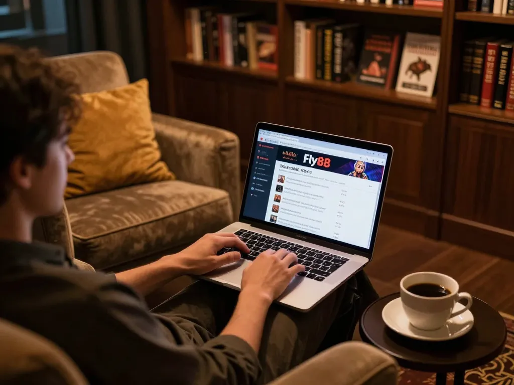 Engaging player interacting with the fly88 online casino interface on a stylish laptop in a cozy home setup.