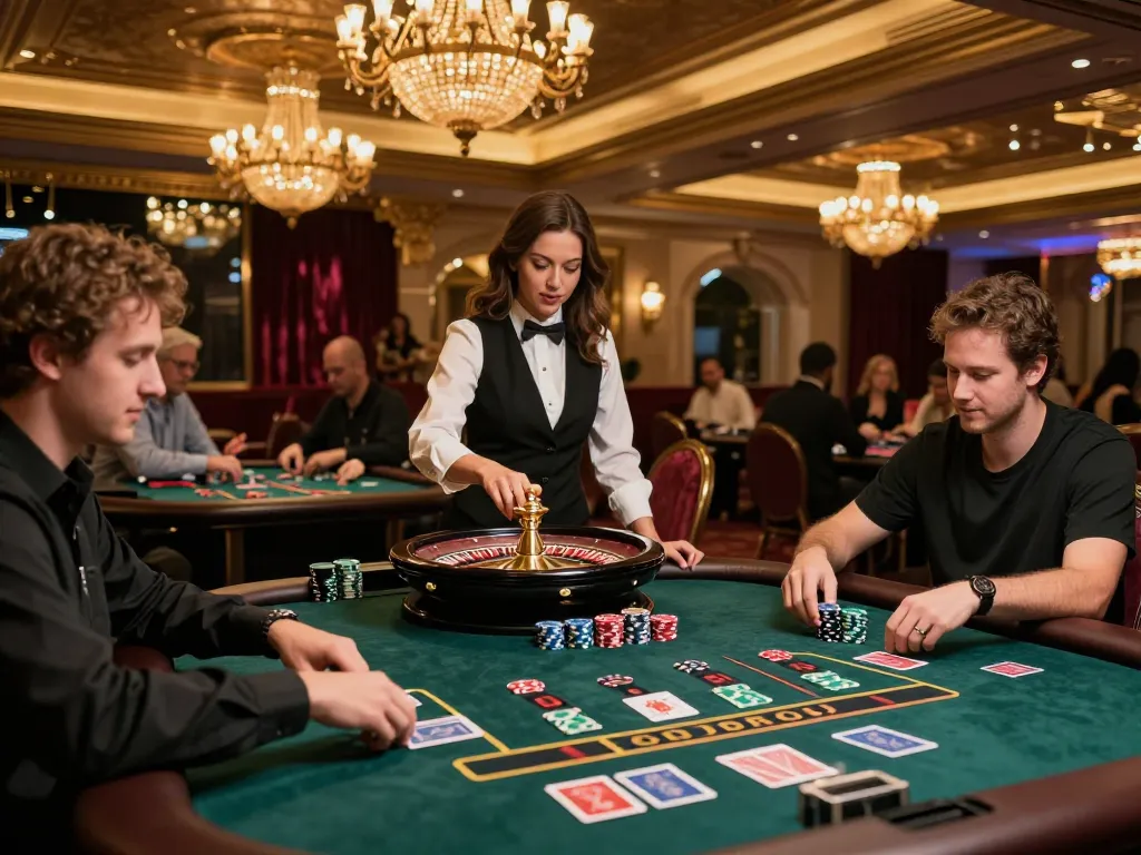 A lively scene at win678 trang chủ showcasing players at roulette and poker tables, enhancing the casino atmosphere.