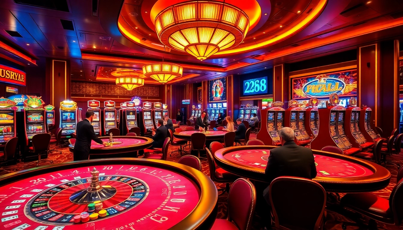 Players enjoying thrilling games at HZ88 casino, featuring vibrant tables and exciting slot machines.
