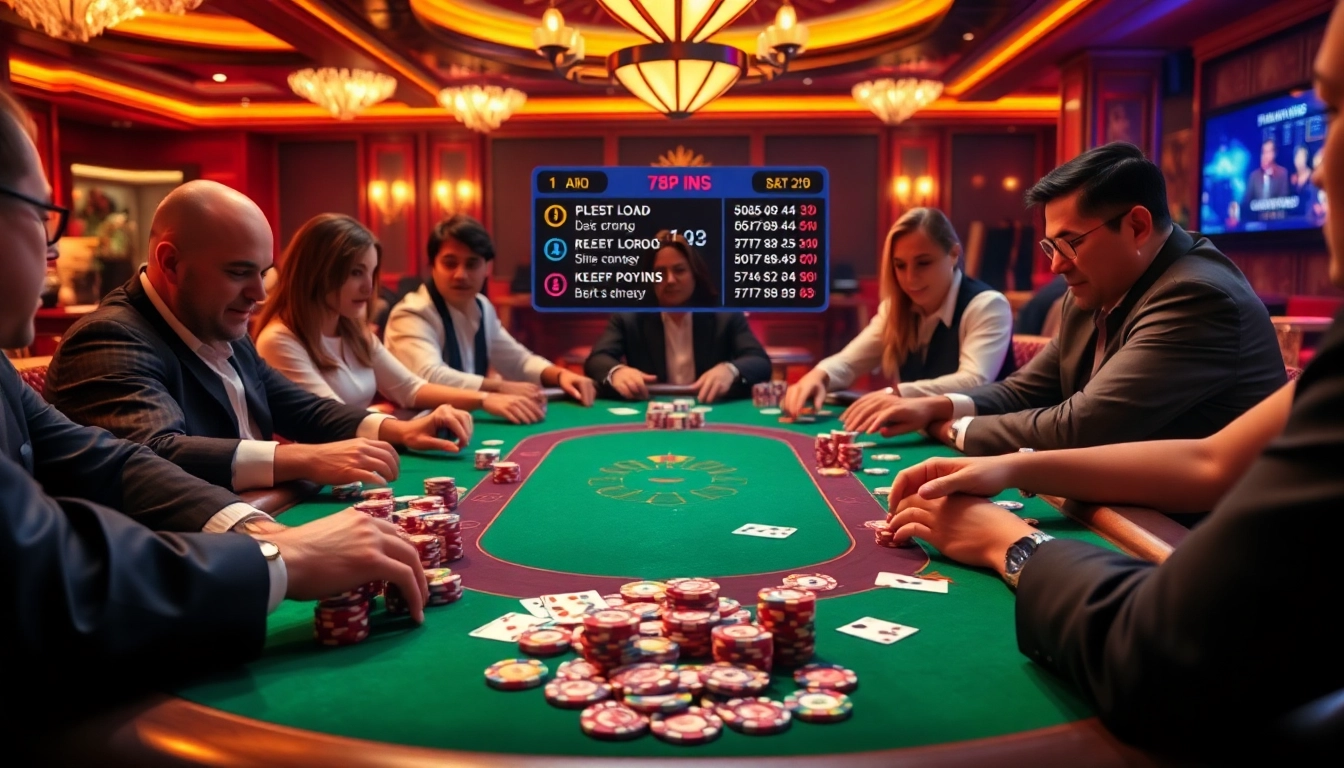 Players enjoy a thrilling poker game at the 789club casino table, surrounded by colorful chips and cards.