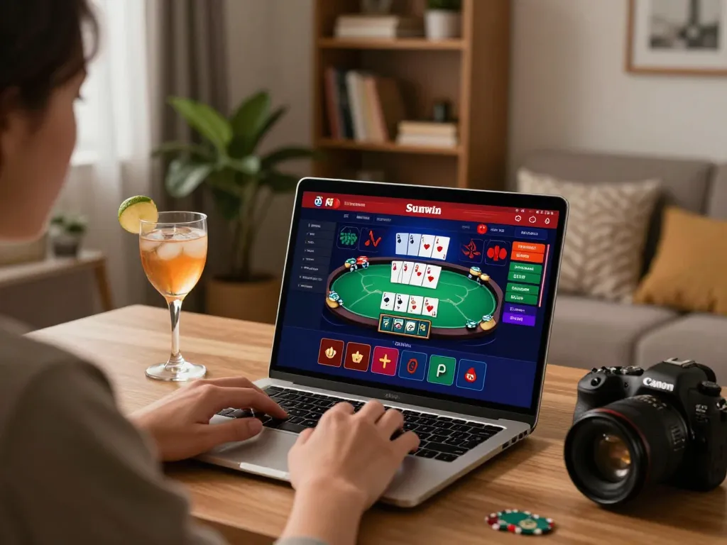 Engaging in poker gameplay on Sunwin's platform from a cozy home setup.