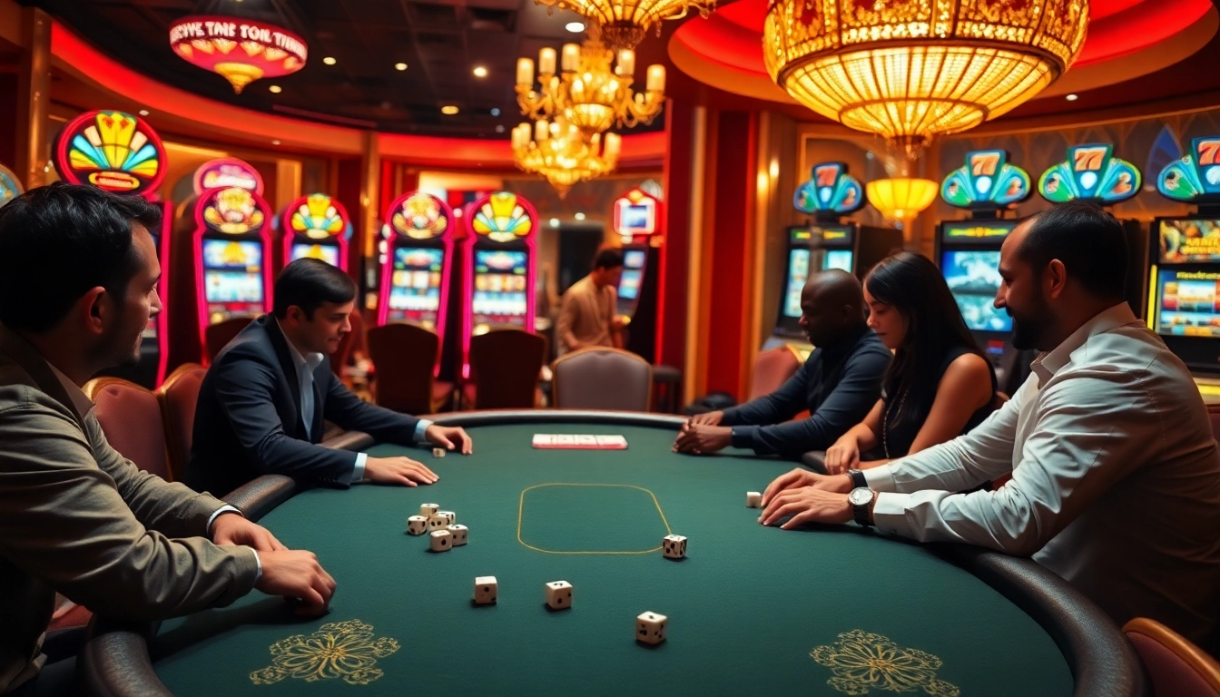 E2bet players enjoying high-stakes poker at a luxurious casino table surrounded by slot machines.