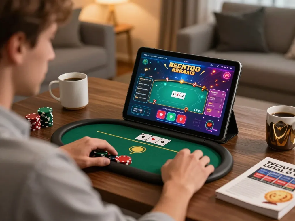 Player engaging with NOHU90 COM online poker table on a tablet, showcasing vibrant gaming graphics.