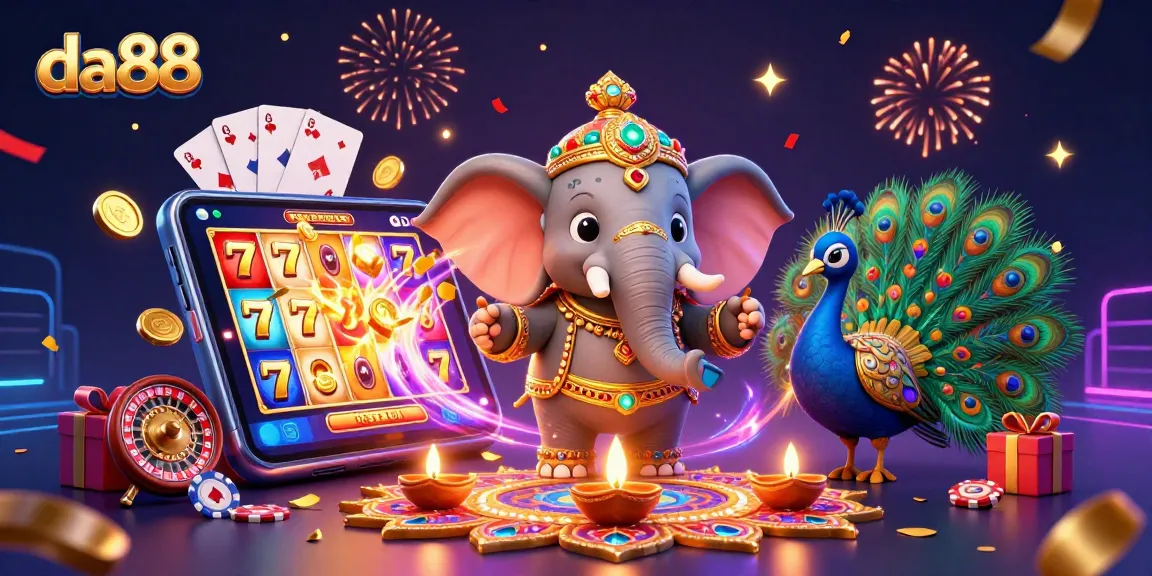 Engage with the da88 online casino featuring an elephant and peacock amidst vibrant gaming elements.