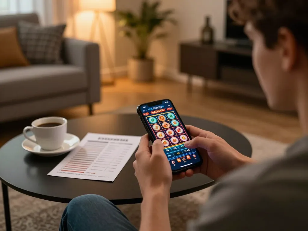 Engage in thrilling gaming with Link sky88 on a mobile device in a cozy setting