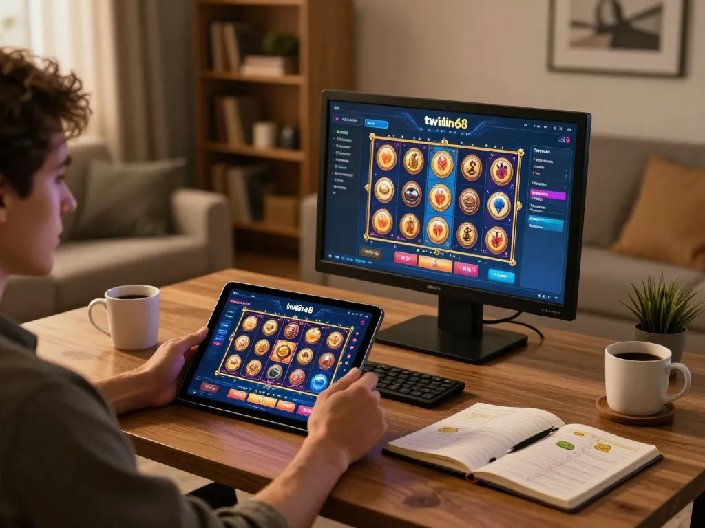 Player enjoying the twiin68 app on tablet during a cozy home gaming session, showcasing exciting slots.