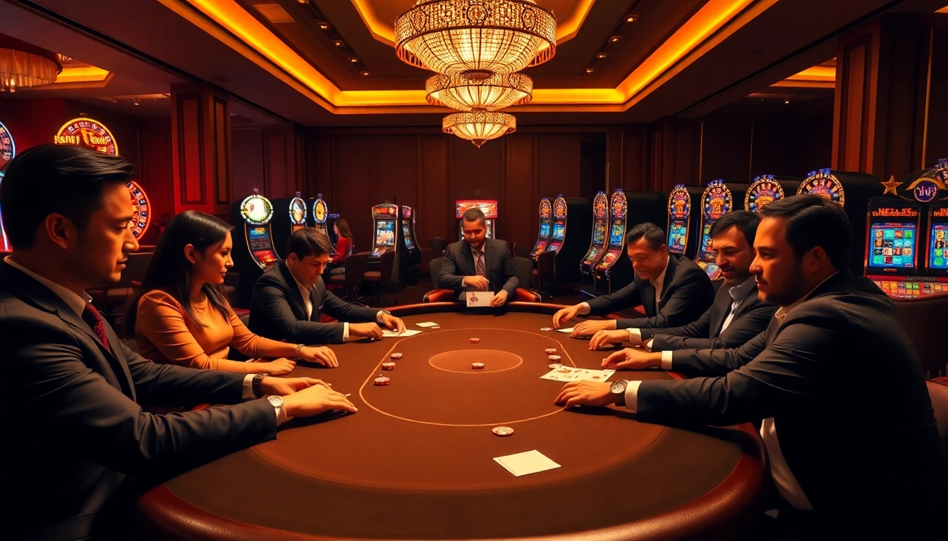 SumClub players enjoying a thrilling poker game at a vibrant casino table.